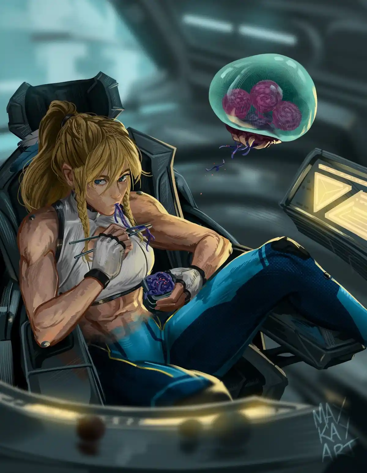 A muscular, blonde-haired woman in futuristic blue and white attire sits relaxed in a high-tech chair, using chopsticks to…