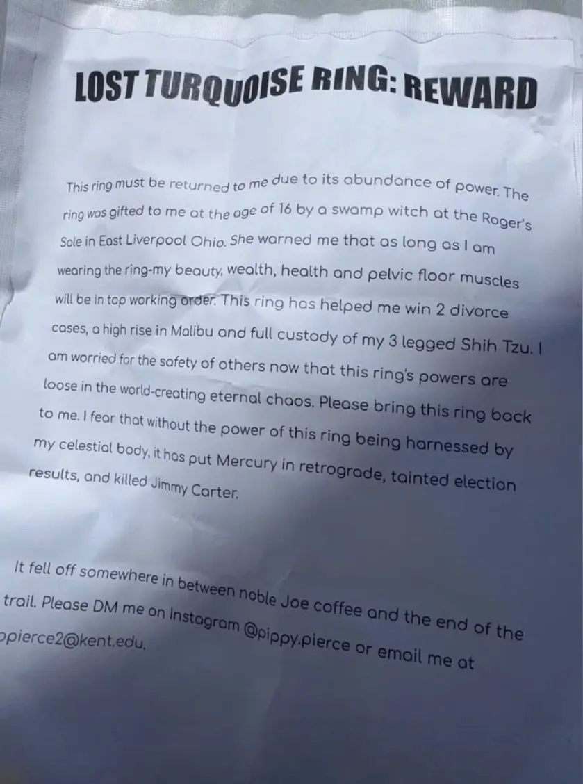 A crumpled reward poster for a lost turquoise ring, written in a dramatic, over-the-top tone. The text claims the ring was…