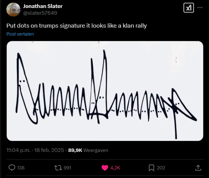 The image displays a close-up of a handwritten signature, which appears to be Donald Trump's, with small dots added to…