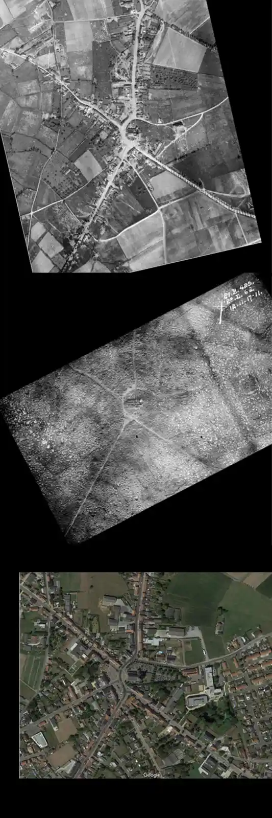 This image displays three stacked aerial photographs of the same rural area at different points in time. The top photo…
