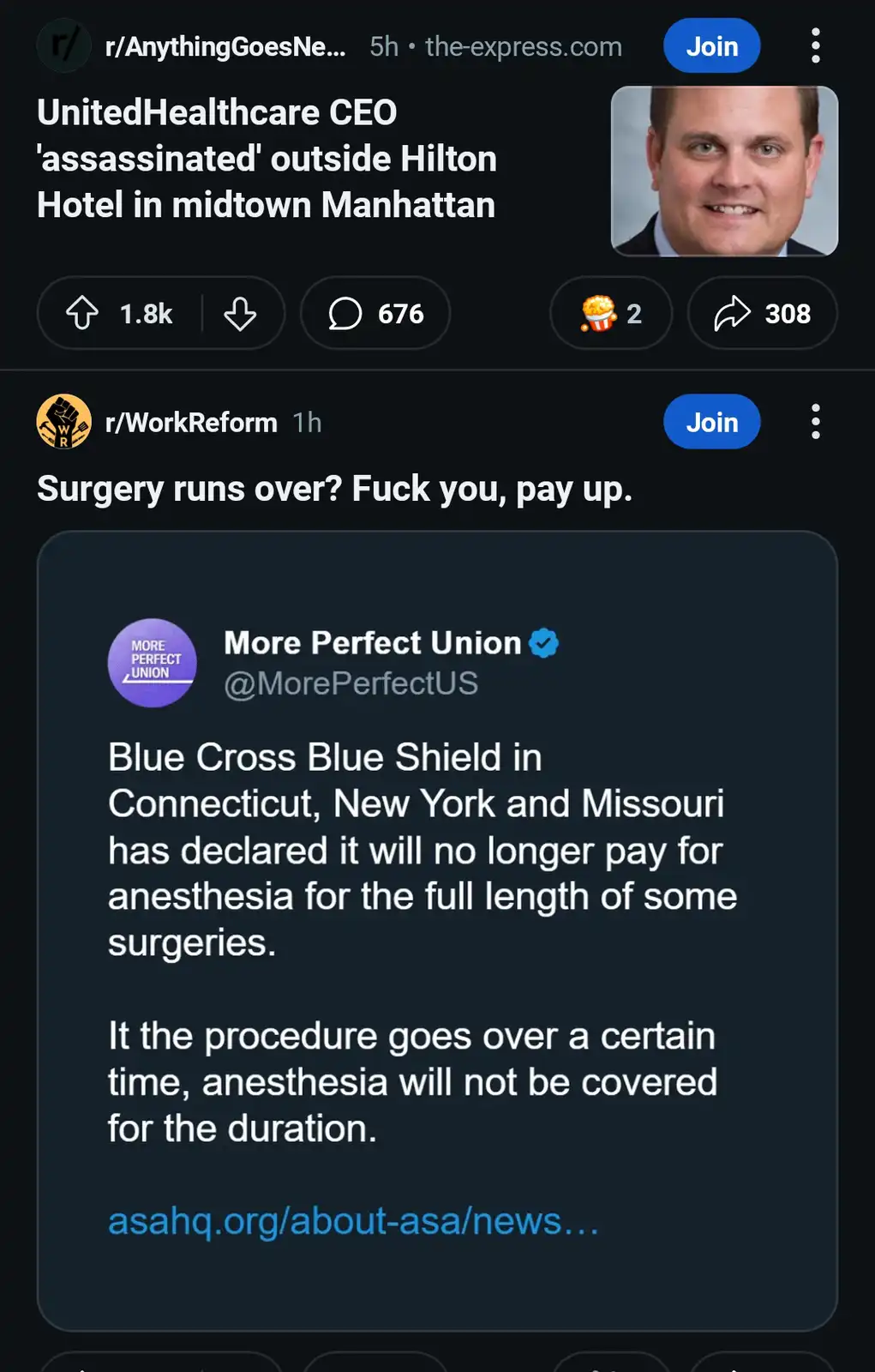 The image shows a Reddit post from r/WorkReform with a comment that reads 'Surgery runs over? Fuck you, pay up.' Below it is…