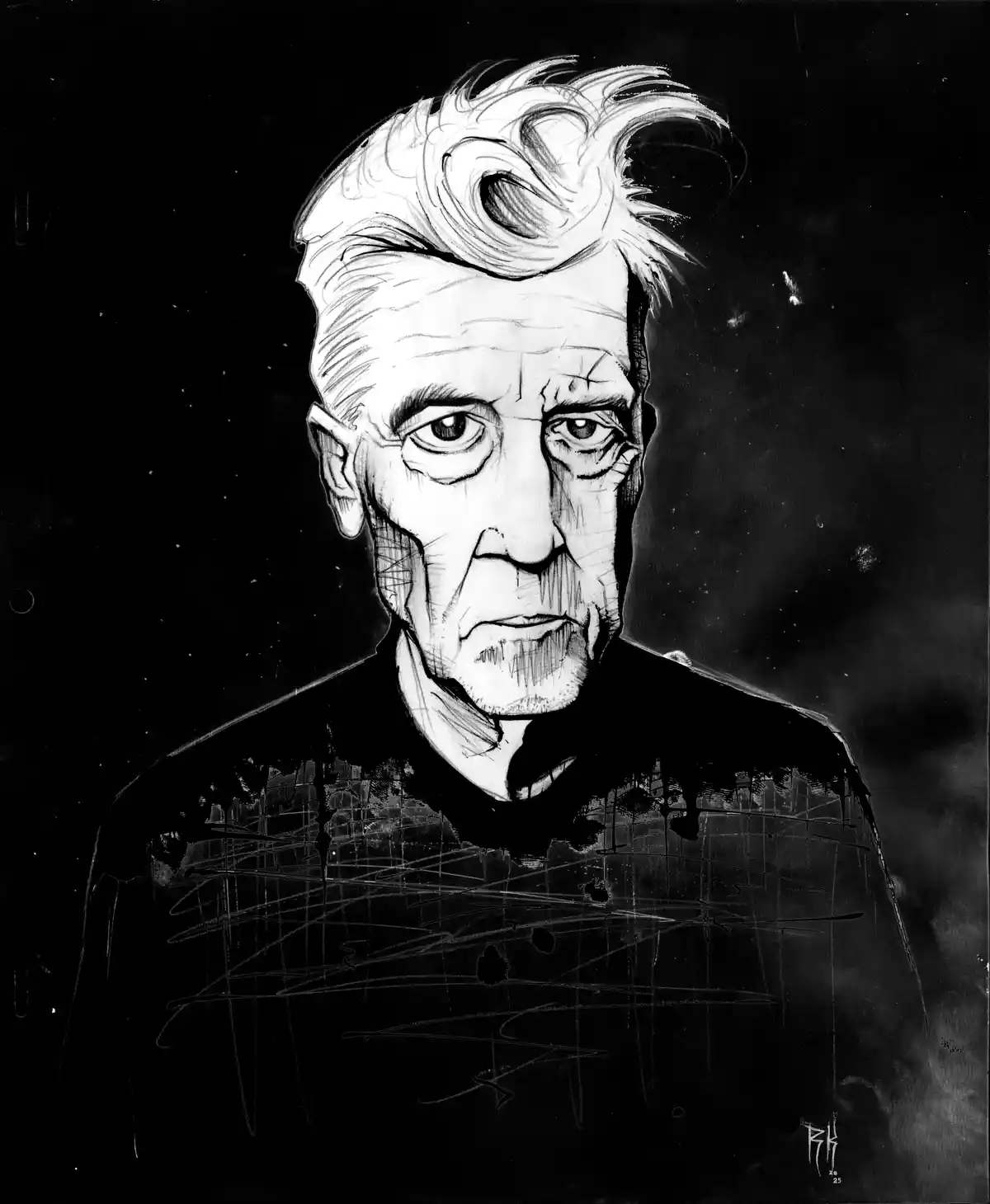 A black-and-white sketch depicts an elderly man with intense, wrinkled features and wild hair, wearing a dark, textured…