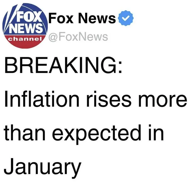 A screenshot of a Fox News Twitter post with a blue verified checkmark, displaying the headline 'BREAKING: Inflation rises…