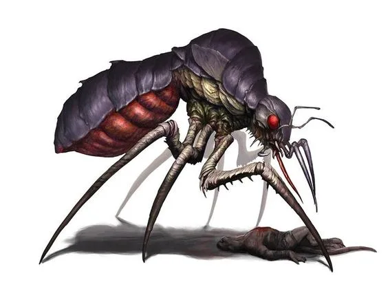 A digitally rendered, monstrous insect-like creature with a dark purple segmented body, red glowing eyes, and long spiky…