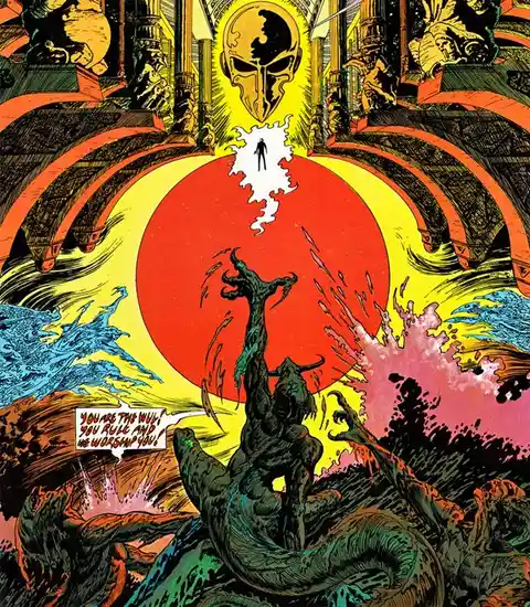 A comic book panel depicts a small human figure standing atop a swirling red circle, facing a massive golden skull emblem…