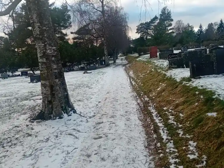 A snowy path winds through a cemetery lined with gravestones and bare trees under a cloudy sky. The overlaid text reads 'i'm…