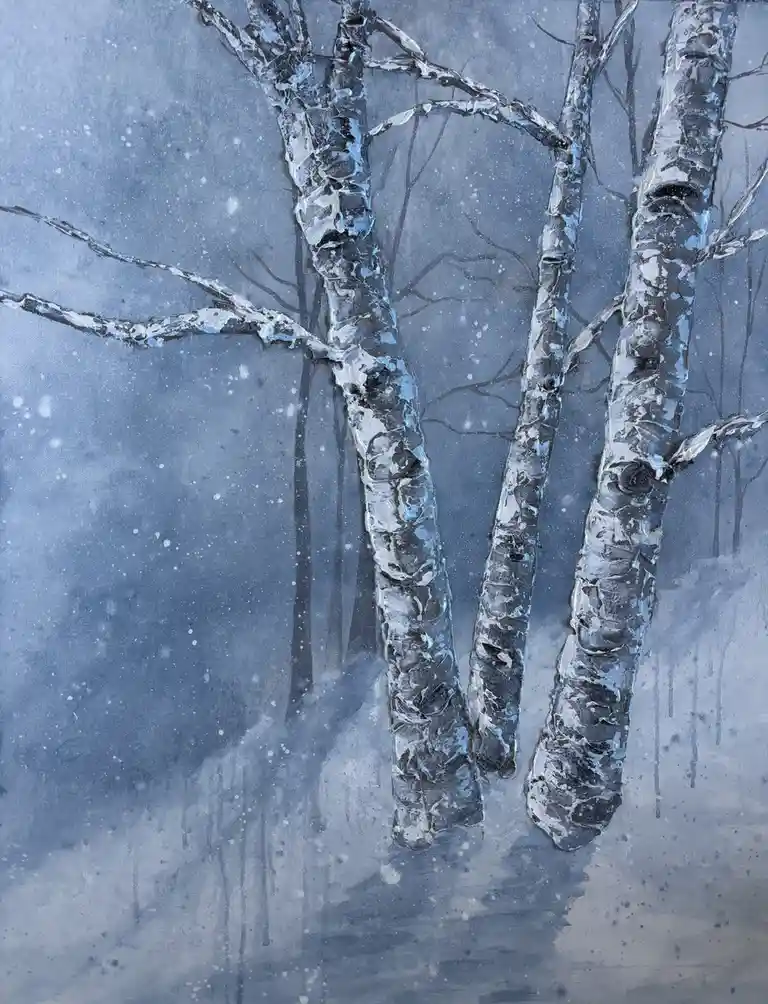 A textured painting depicts several birch trees covered in snow against a blue-gray winter sky with falling snowflakes. The…