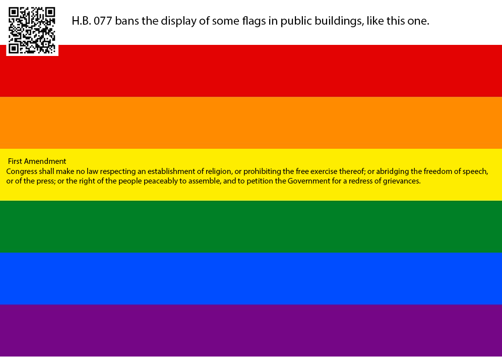 The image displays a rainbow flag, commonly associated with LGBTQ+ pride, overlaid with text. The top text states 'H.B. 077…