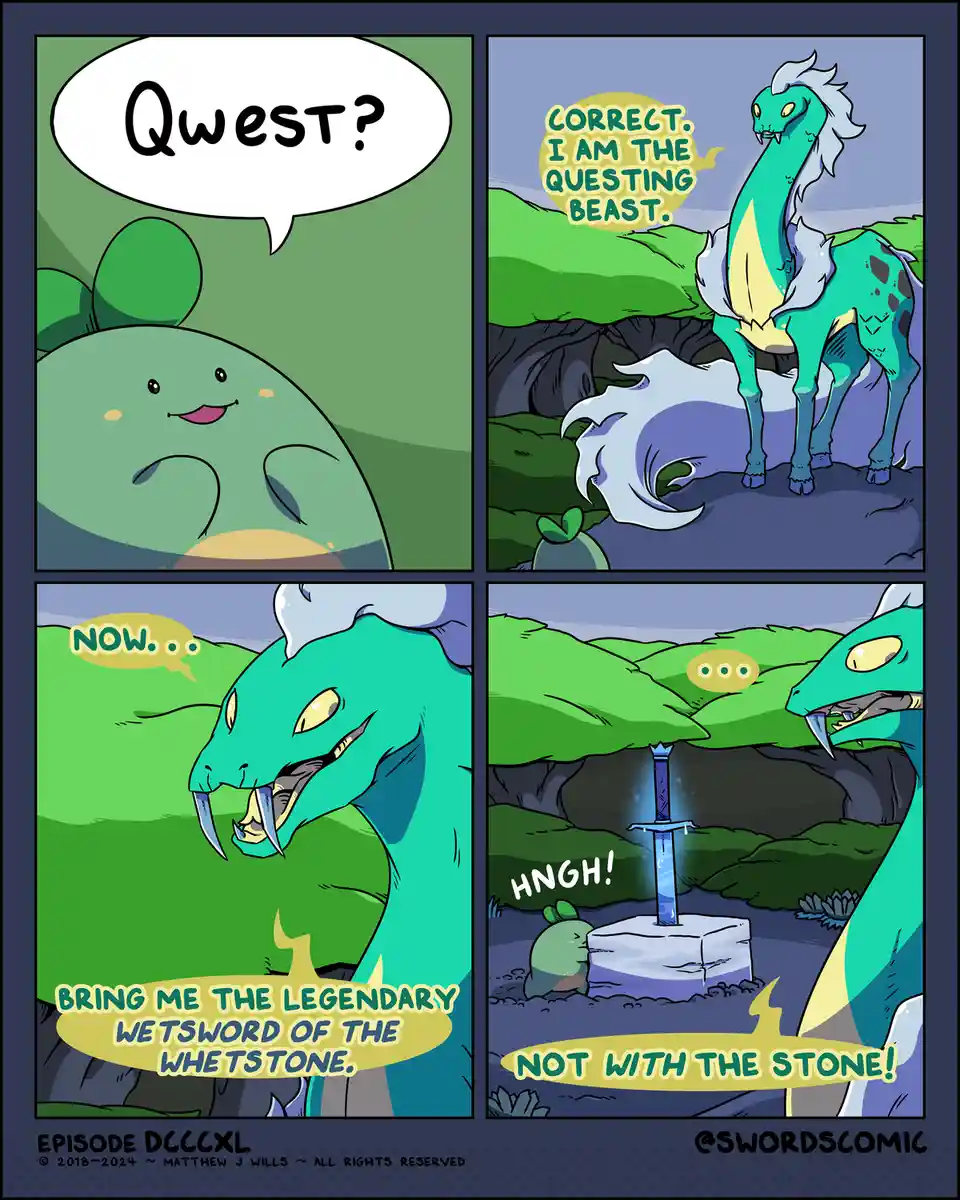 A four-panel comic shows a small green creature asking a dragon-like beast if it's a 'Qwest?'. The beast confirms it's the…