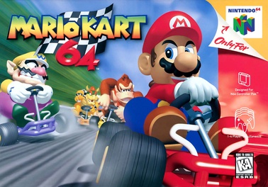 The image is the cover art for the video game 'Mario Kart 64,' showing Mario in a red kart leading a race with Luigi, Donkey…