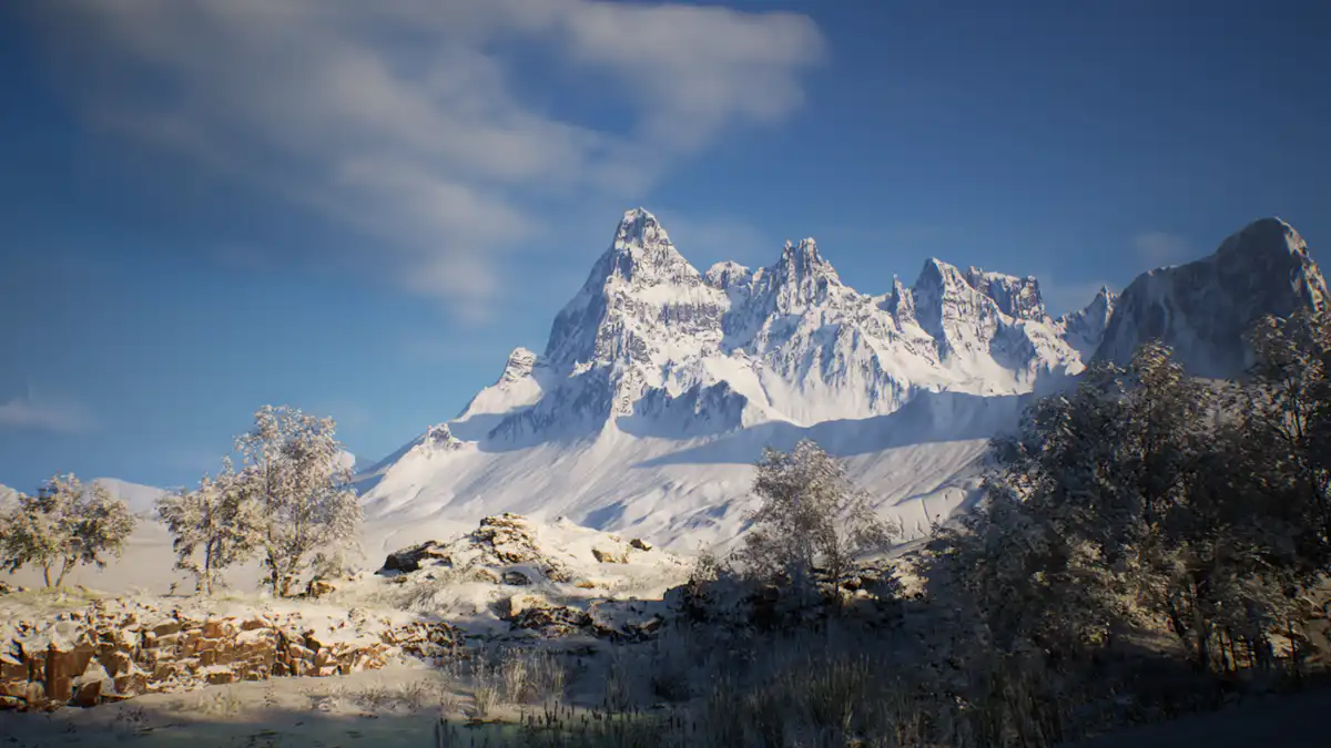 A serene, snow-covered mountain landscape with jagged peaks under a blue sky with wispy clouds. In the foreground…