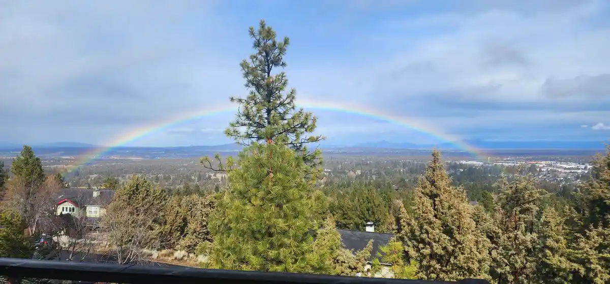 A scenic photo shows a vibrant rainbow arcing across a partly cloudy sky over a sprawling suburban landscape with pine trees…