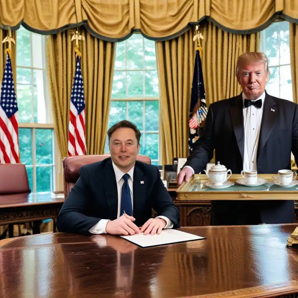 elon musk sits at a large wooden desk in an office resembling the oval office, signing a document, while donald trump stands…