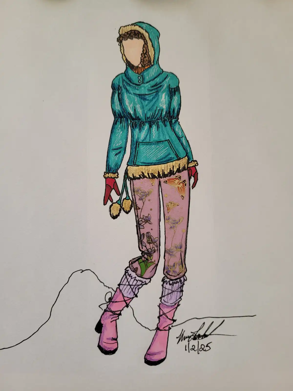 A hand-drawn fashion illustration of a person wearing a teal hooded winter jacket with fur trim, pink patterned pants with…