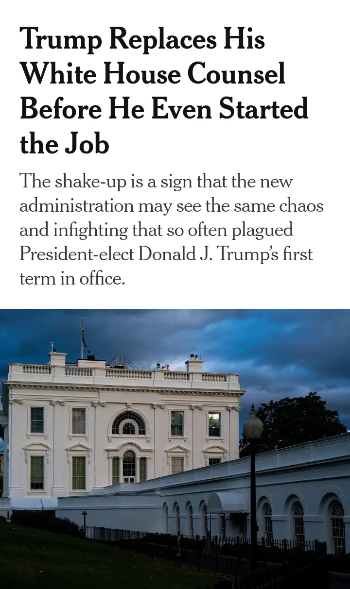 The image shows the White House at dusk under a dark, cloudy sky. Overlaid text reads: 'Trump Replaces His White House…