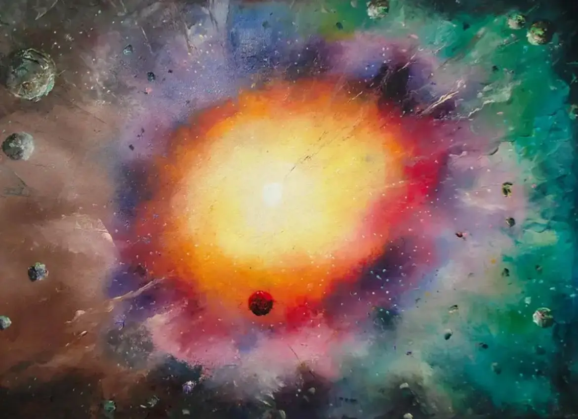 A vibrant, textured painting of a cosmic scene with a bright yellow-orange star at the center, surrounded by colorful…