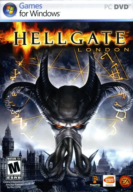The image is the cover art for the PC game 'Hellgate: London', featuring a large, demonic, multi-tentacled creature with…