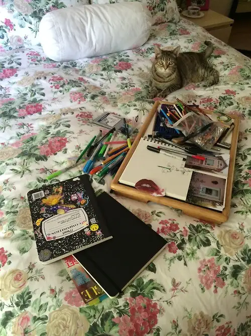 A tabby cat sits alertly on a floral-patterned bed surrounded by art supplies, notebooks, and a wooden tray filled with…