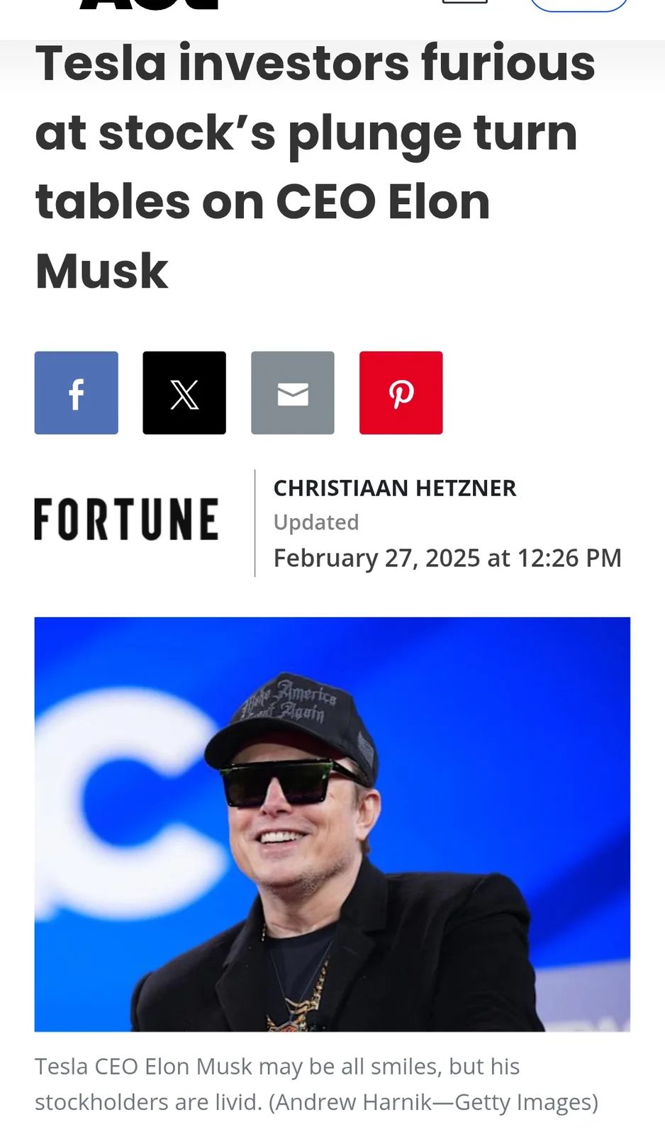 A screenshot of a Fortune article headline about Tesla investors turning on CEO Elon Musk after a stock plunge, featuring a…