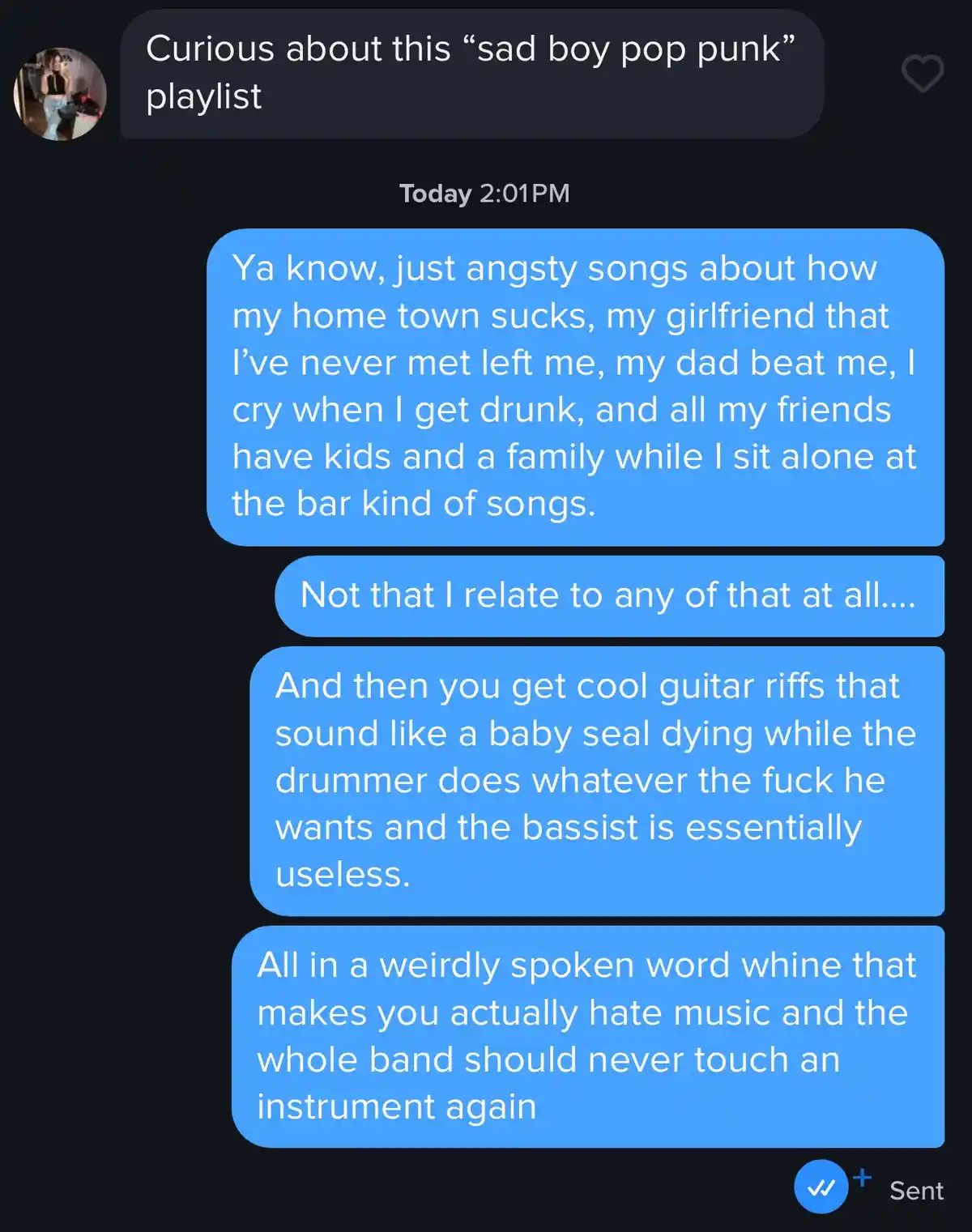 A screenshot of a text conversation where one person asks about a 'sad boy pop punk' playlist, and the other responds with a…