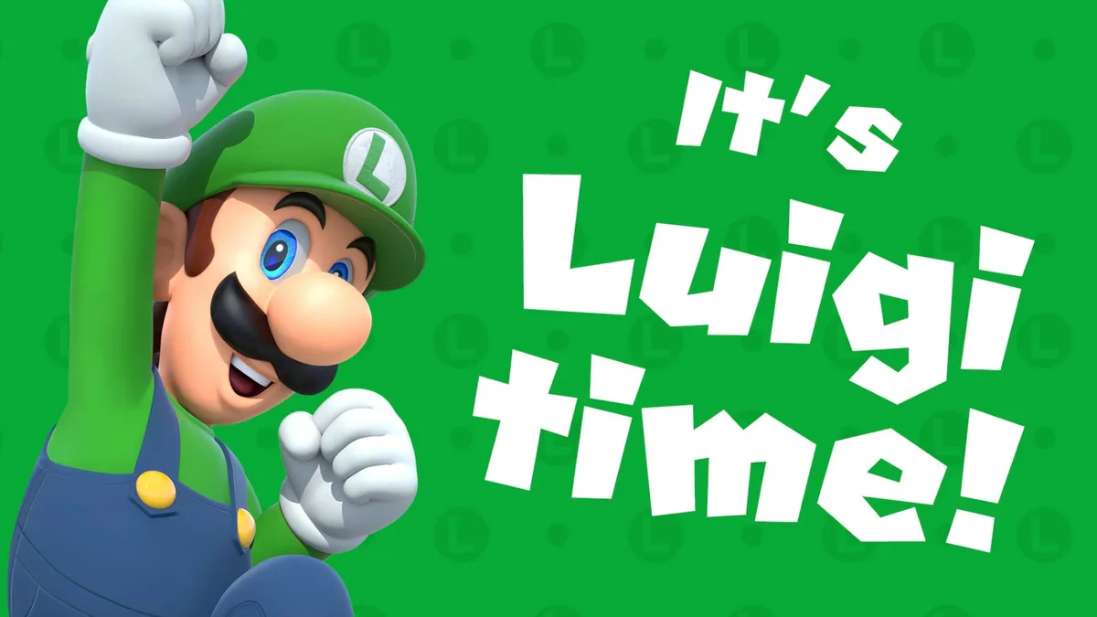 A cheerful, animated Luigi from the Mario franchise, wearing his signature green hat and overalls, raises his right fist in…