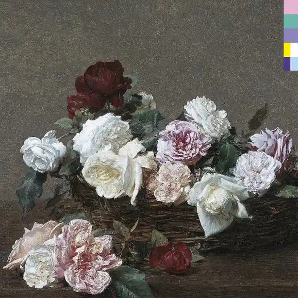 A classical oil painting depicts a basket overflowing with various roses—white, pink, and deep red—some wilting and fallen…