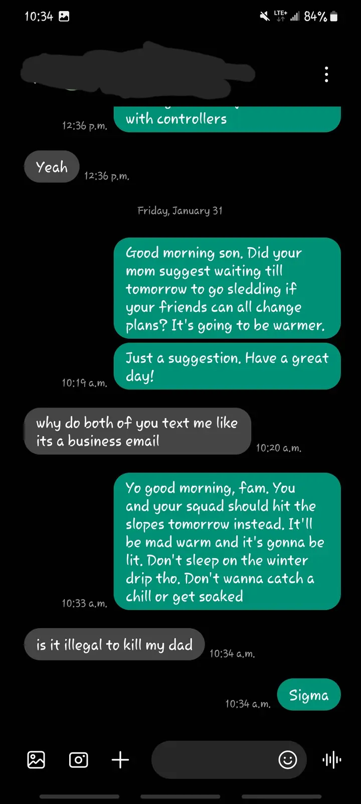A screenshot of a text message conversation where a parent suggests waiting until tomorrow for sledding due to warmer…