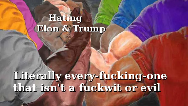 The image shows multiple people in colorful clothing, all physically pushing or shoving a central figure in a brown shirt…