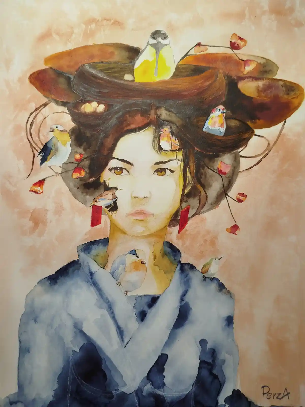 A watercolor painting of a woman with her hair styled as multiple bird nests, each containing small colorful birds and red…