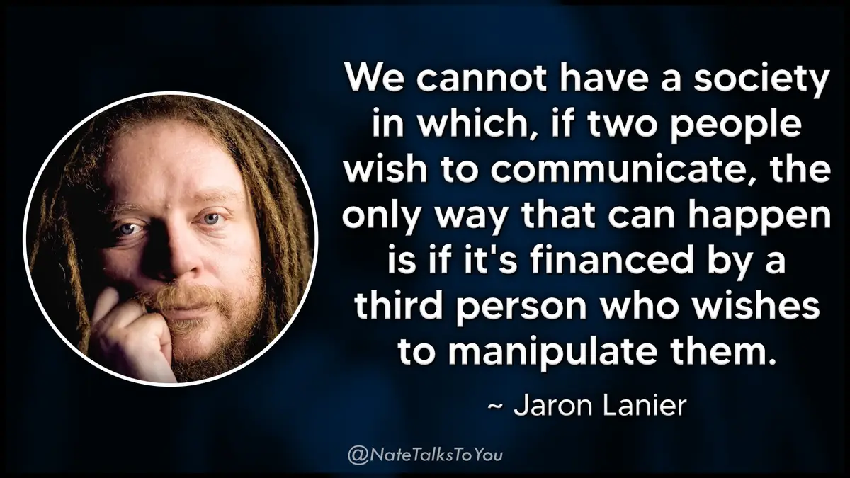 A dark blue background features a circular portrait of Jaron Lanier on the left, with his hand near his chin. To the right…