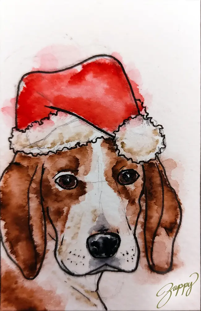 A watercolor painting of a brown and white hound dog wearing a red Santa hat with a white fluffy trim and pom-pom. The…