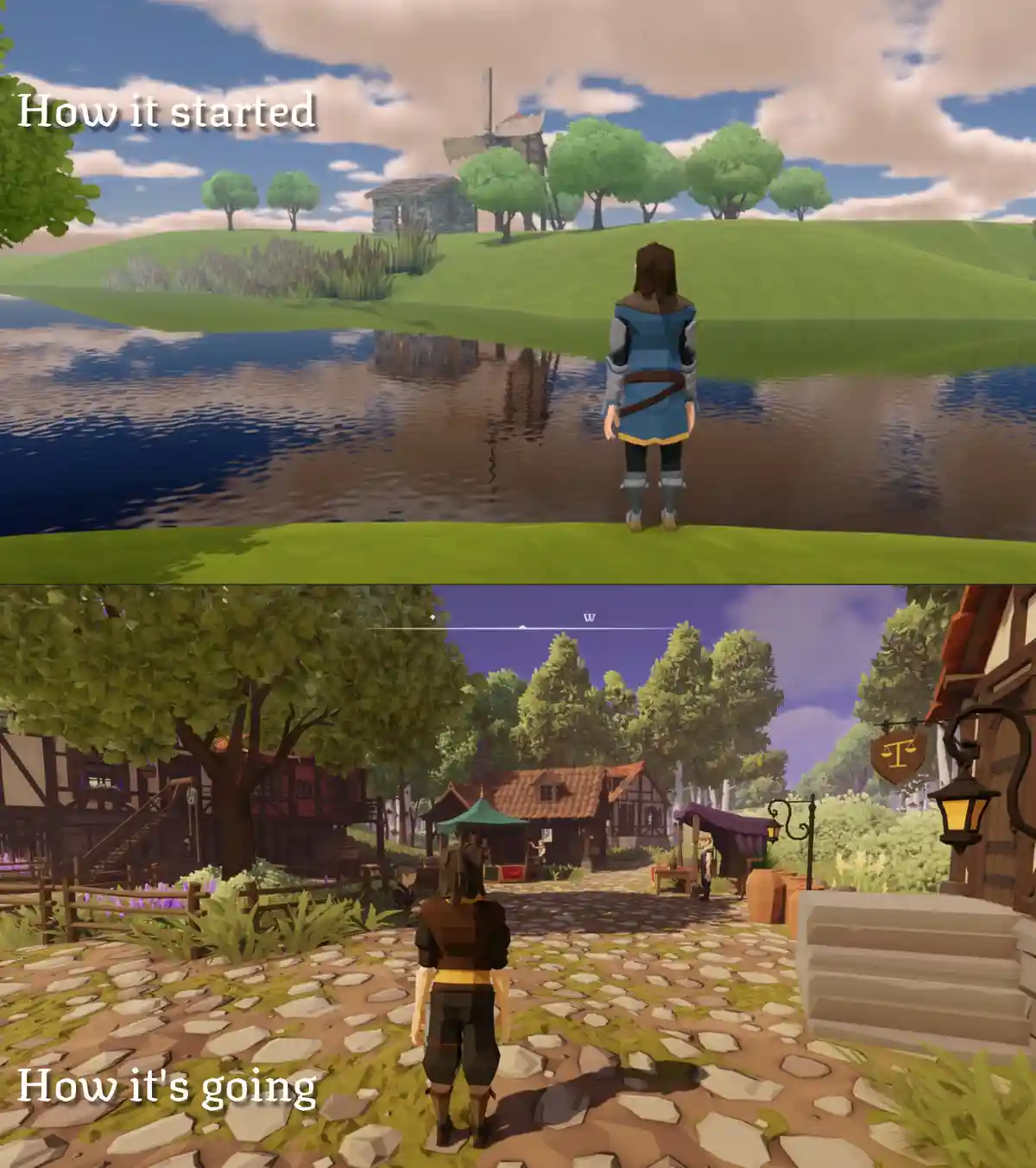 The image is split into two panels showing a character from the game Valheim. The top panel, labeled 'How it started,' shows…