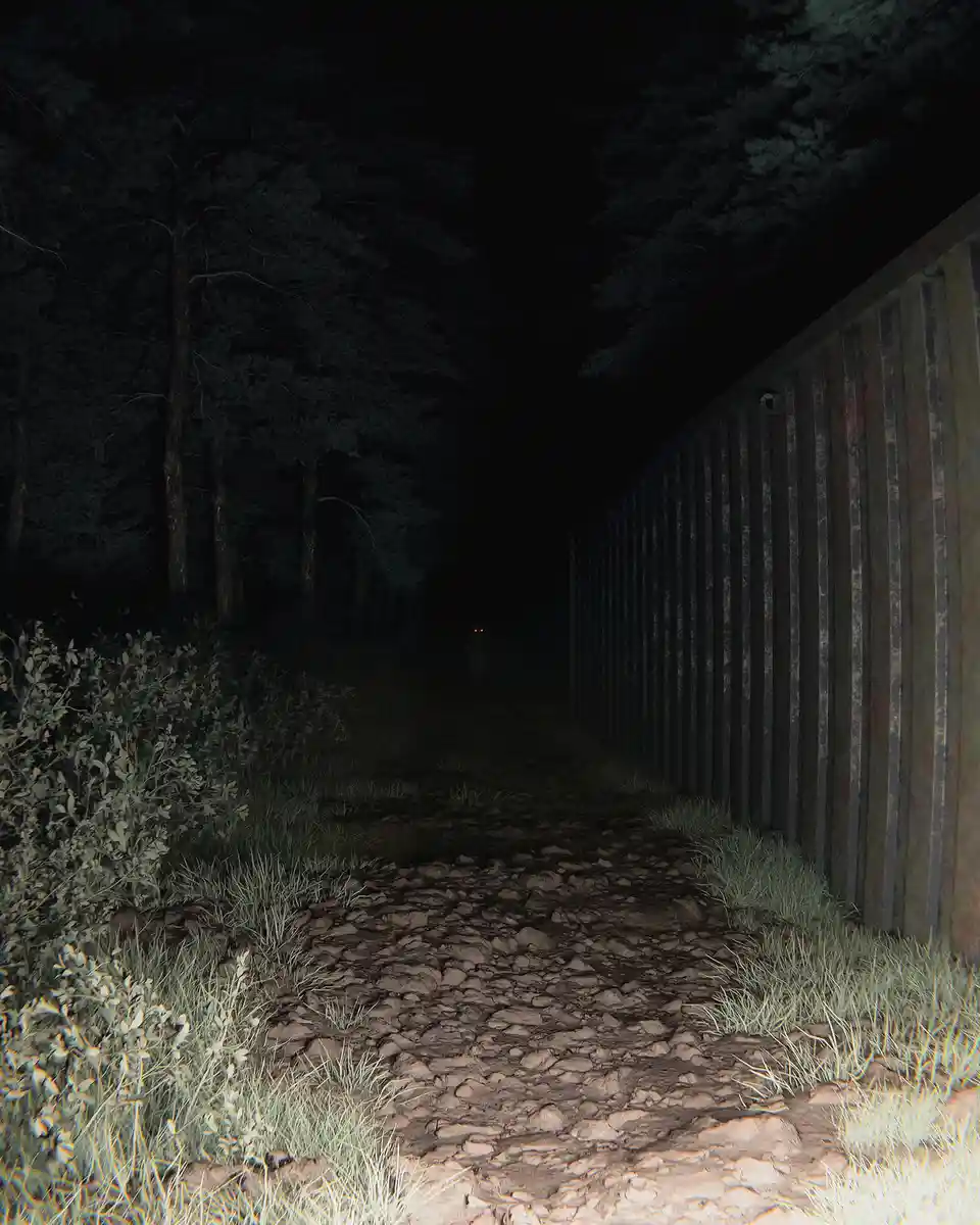 A dark, narrow path at night flanked by trees on one side and a tall, corrugated metal fence on the other, with two glowing…