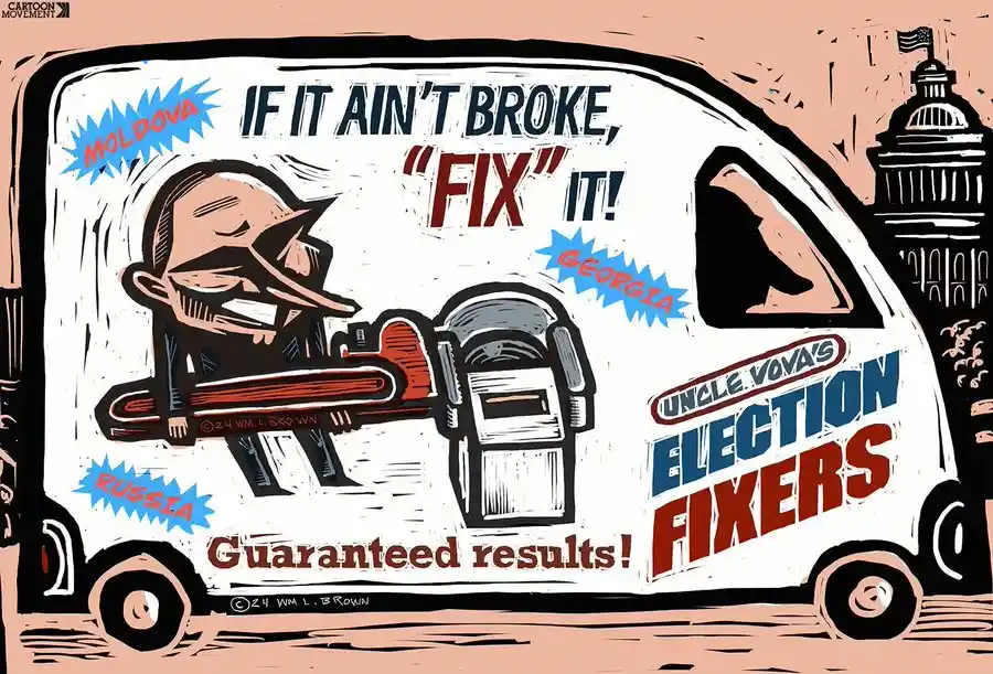A cartoon illustration of a white van labeled 'Uncle Vova's Election Fixers' with the slogan 'IF IT AIN'T BROKE, "FIX" IT!'…
