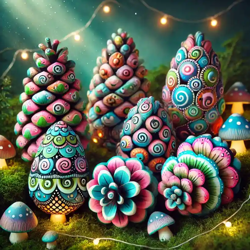 A whimsical, digitally rendered scene features pinecones and flower-like objects intricately painted with psychedelic…