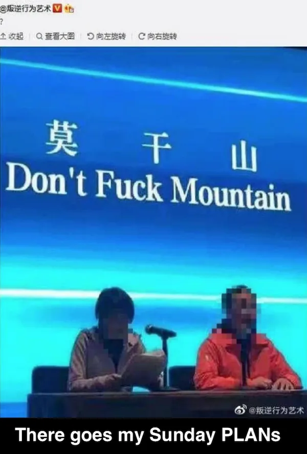Two people sit at a table in front of a blue screen displaying Chinese characters '莫干山' and the English phrase 'Don't Fuck…