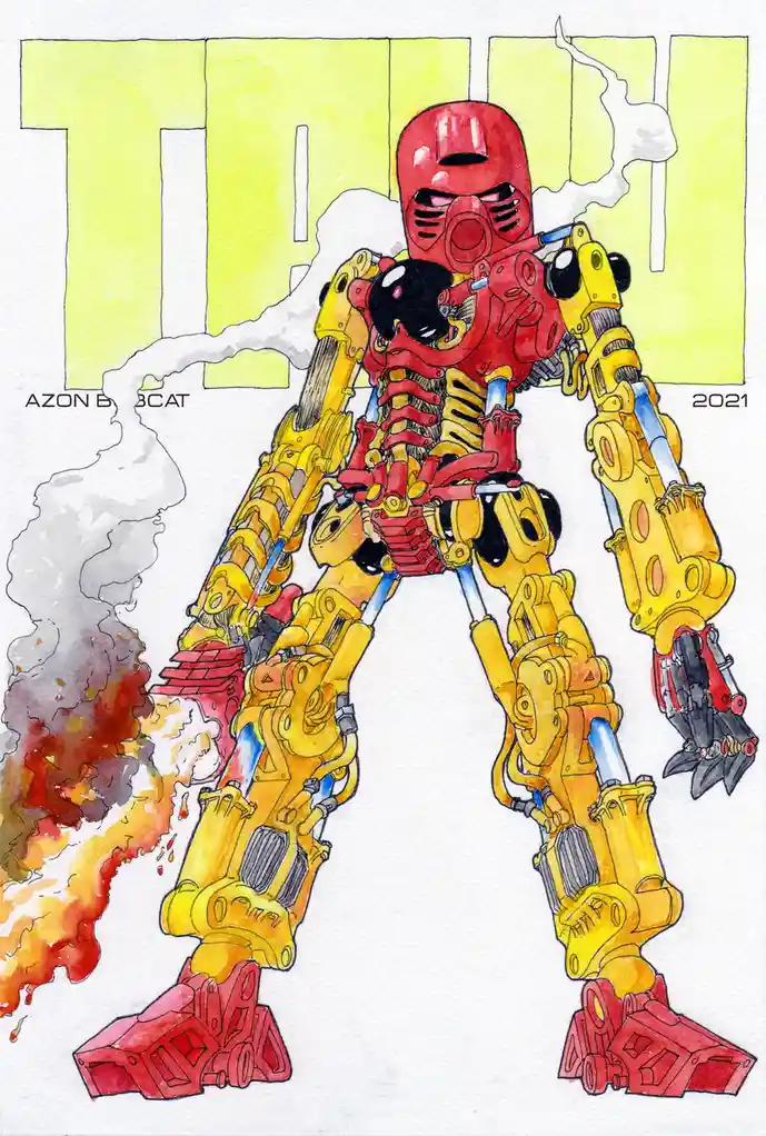 A watercolor illustration of a heavily damaged, red and yellow robot standing amidst smoke and fire, with the word 'TITAN'…
