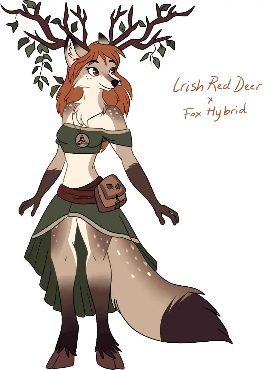 A full-body illustration of an anthropomorphic female hybrid creature with fox-like facial features, ears, and a long bushy…