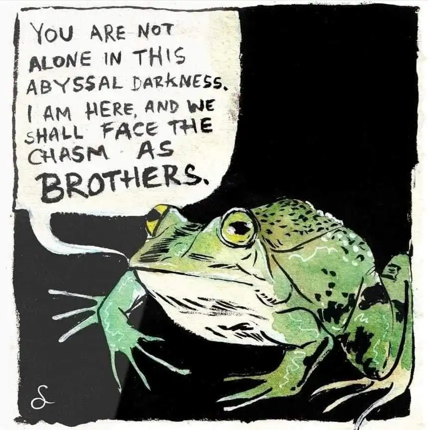A hand-drawn illustration of a green frog with a speech bubble that reads 'YOU ARE NOT ALONE IN THIS ABYSSAL DARKNESS. I AM…