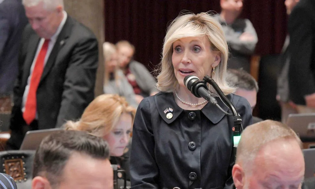 a woman with blonde hair wearing a black button-up shirt and pearl necklace speaks into a microphone at a formal meeting…