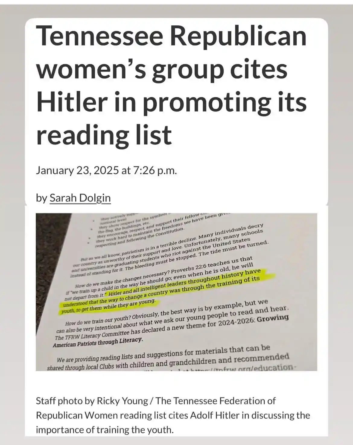 A screenshot of a news article from January 23, 2025, by Sarah Dolgin, shows a document with a highlighted quote stating…