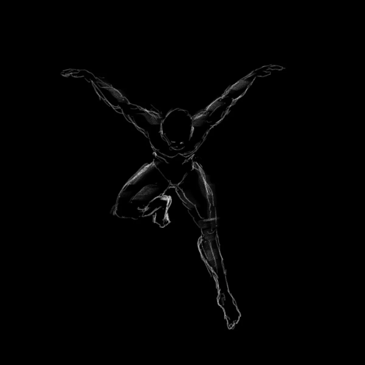 A black-and-white, grainy, sketch-style silhouette of a muscular person mid-air with arms outstretched in a triumphant or…