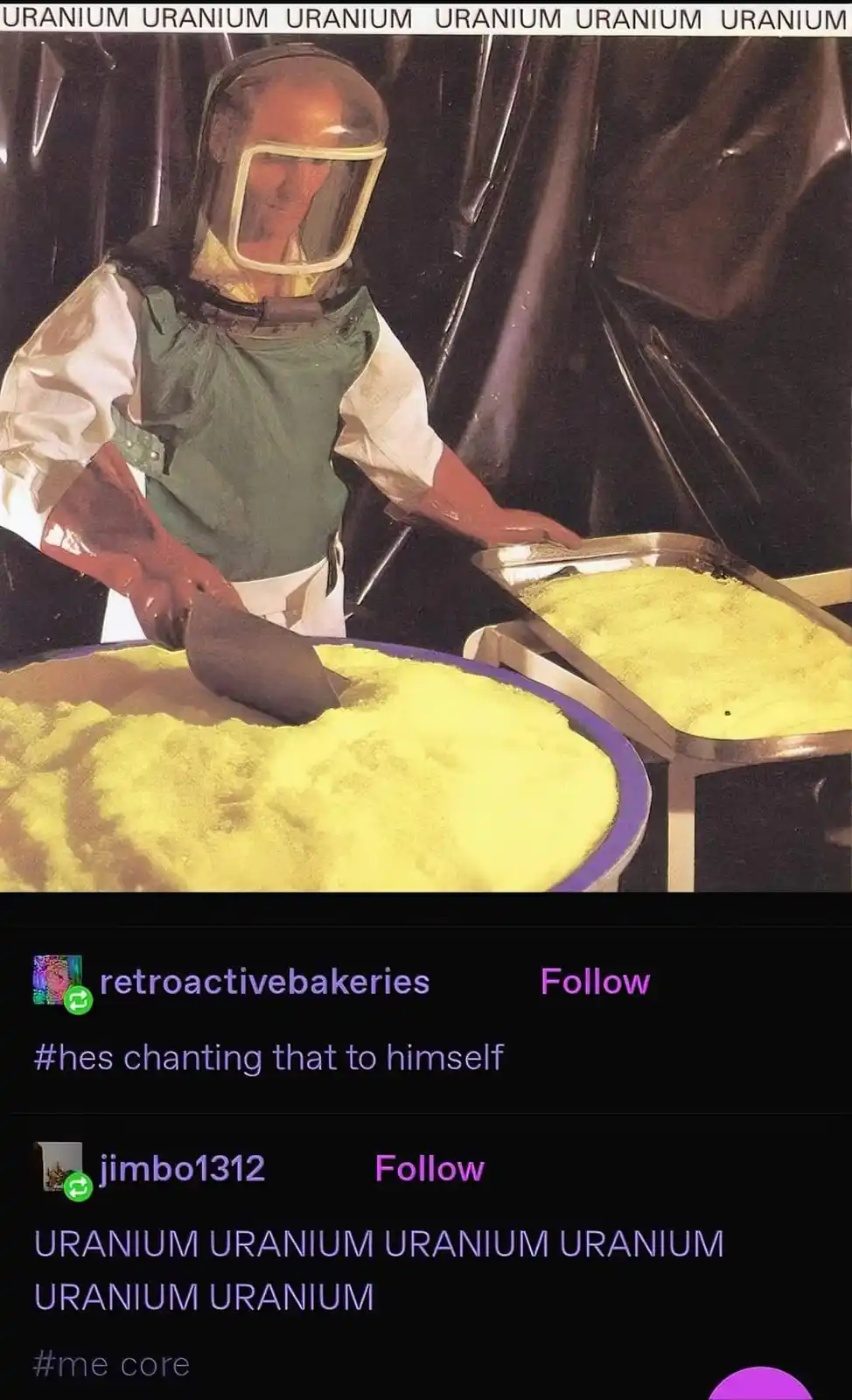 A person in a full-face respirator and protective vest is scooping bright yellow powder from a large bowl into a metal tray…