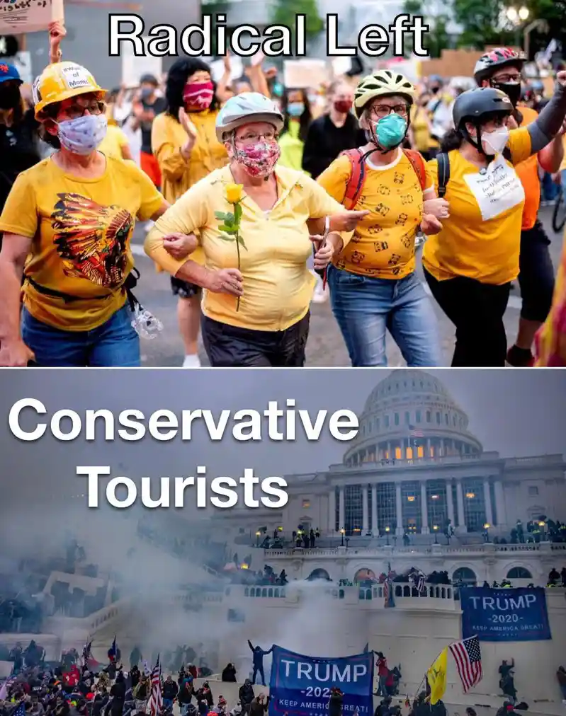 The top panel shows a group of women in yellow shirts and helmets, some wearing face masks, marching with signs and one…