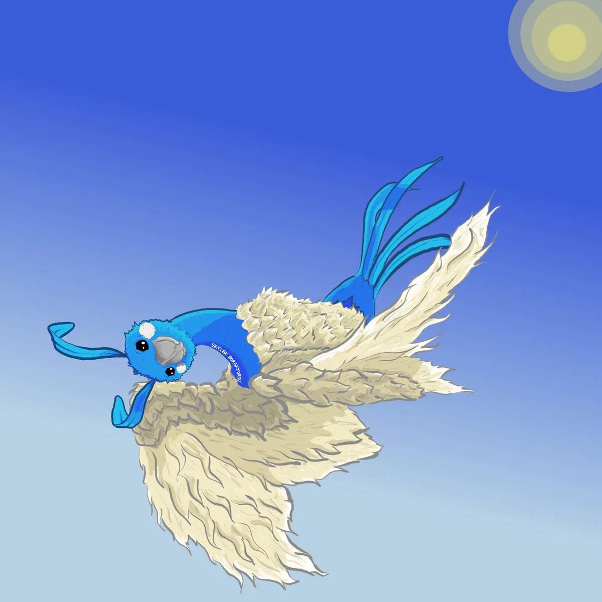 A cartoonish blue bird with fluffy white wings and tail feathers is flying against a clear blue sky with a stylized sun in…