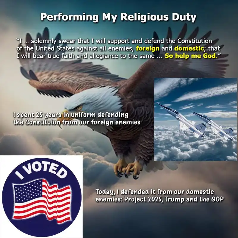 A composite image features a large bald eagle flying over clouds, with overlaid text quoting the oath of office and…