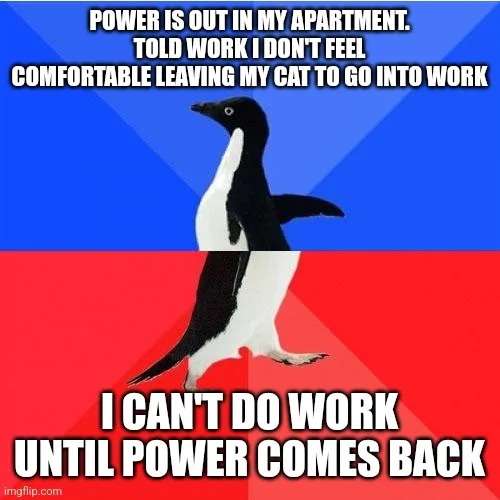 A black-and-white penguin stands centered against a blue-and-red background, split horizontally. The top text reads 'POWER…