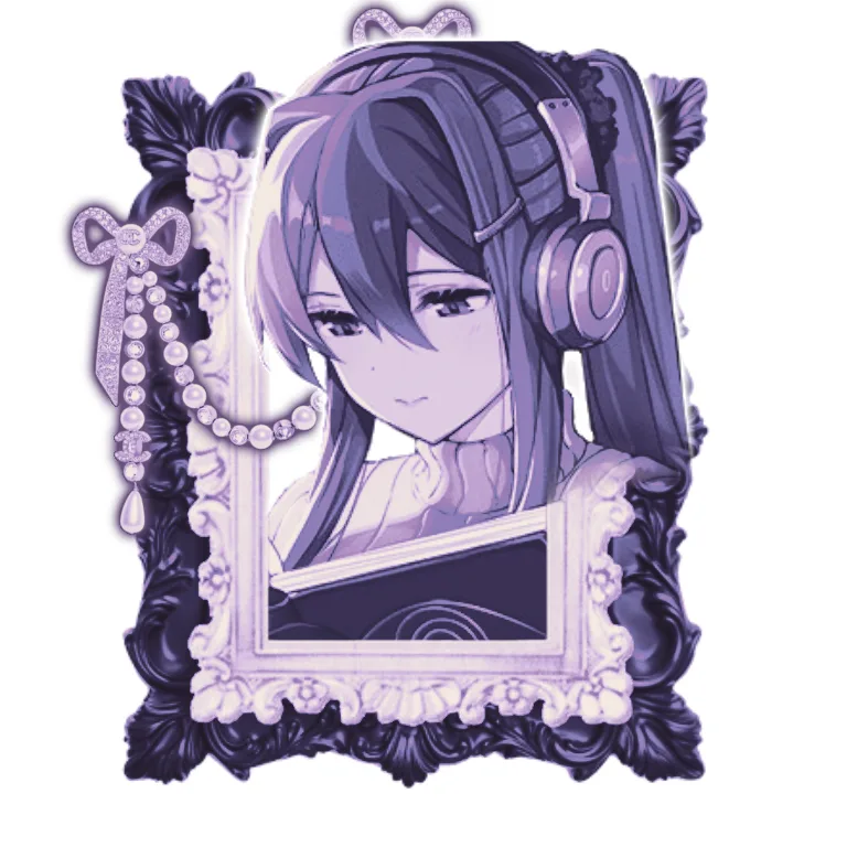 An anime-style girl with dark hair and headphones is depicted inside an ornate, decorative picture frame adorned with pearls…