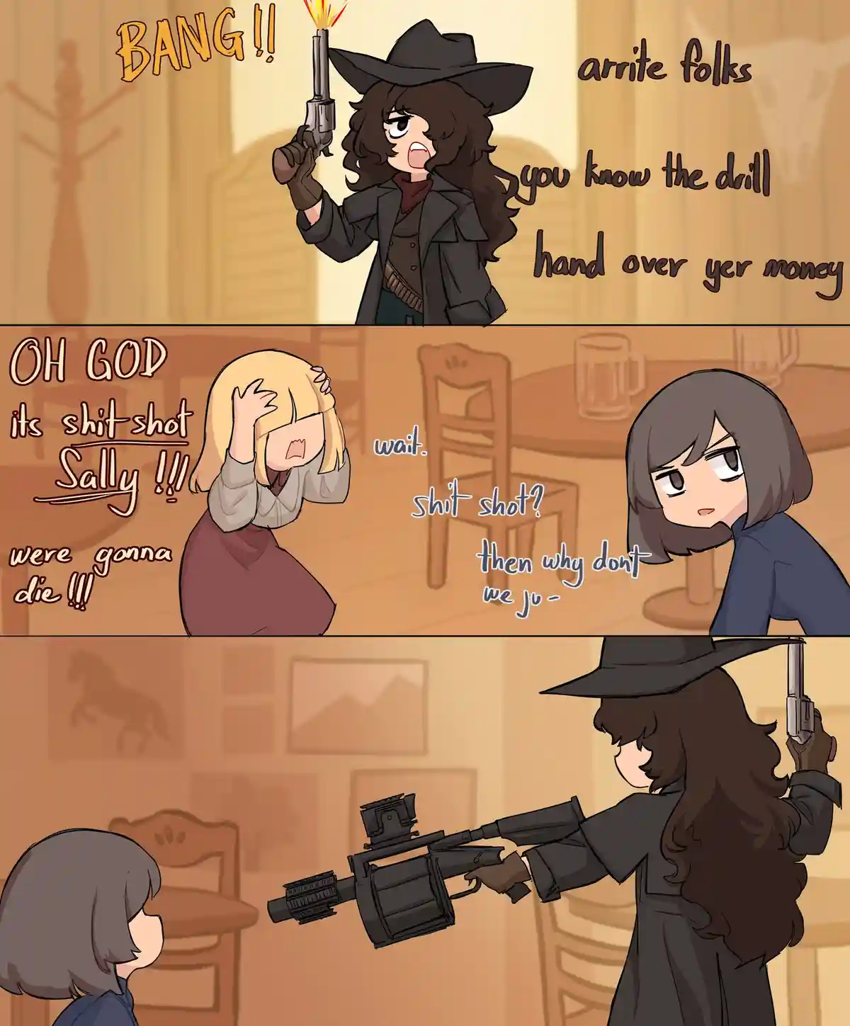 A three-panel comic shows a cowboy-themed character holding a revolver and demanding money. In the second panel, a blonde…