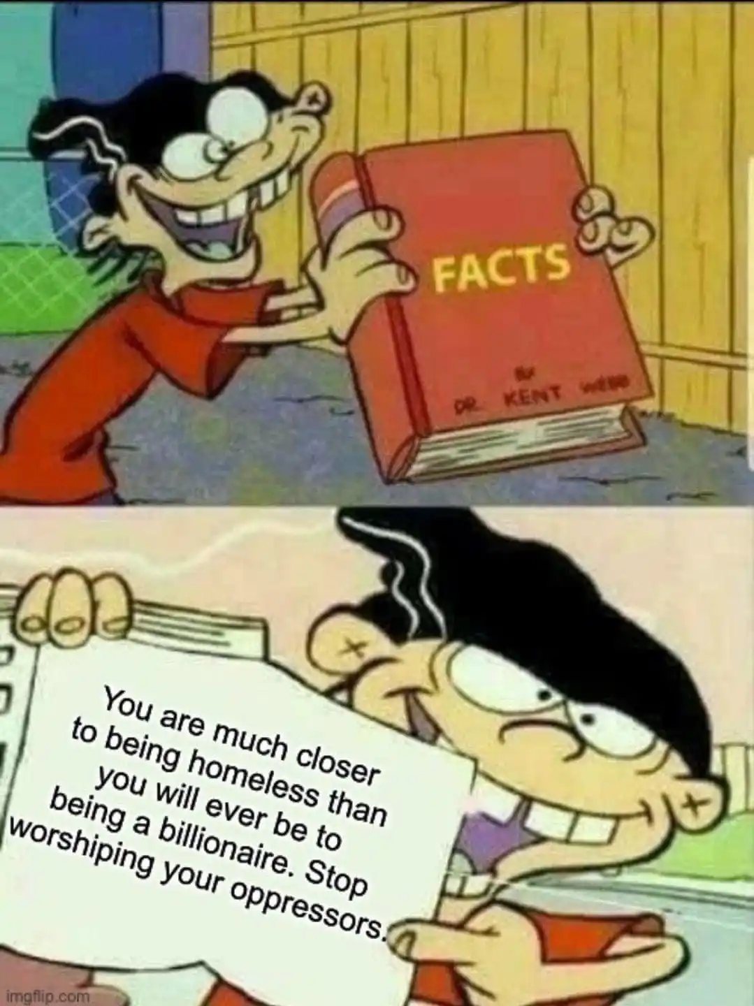 The top panel shows a cartoon boy in a red shirt, grinning maniacally while holding up a red book titled 'FACTS' by Dr. Kent…